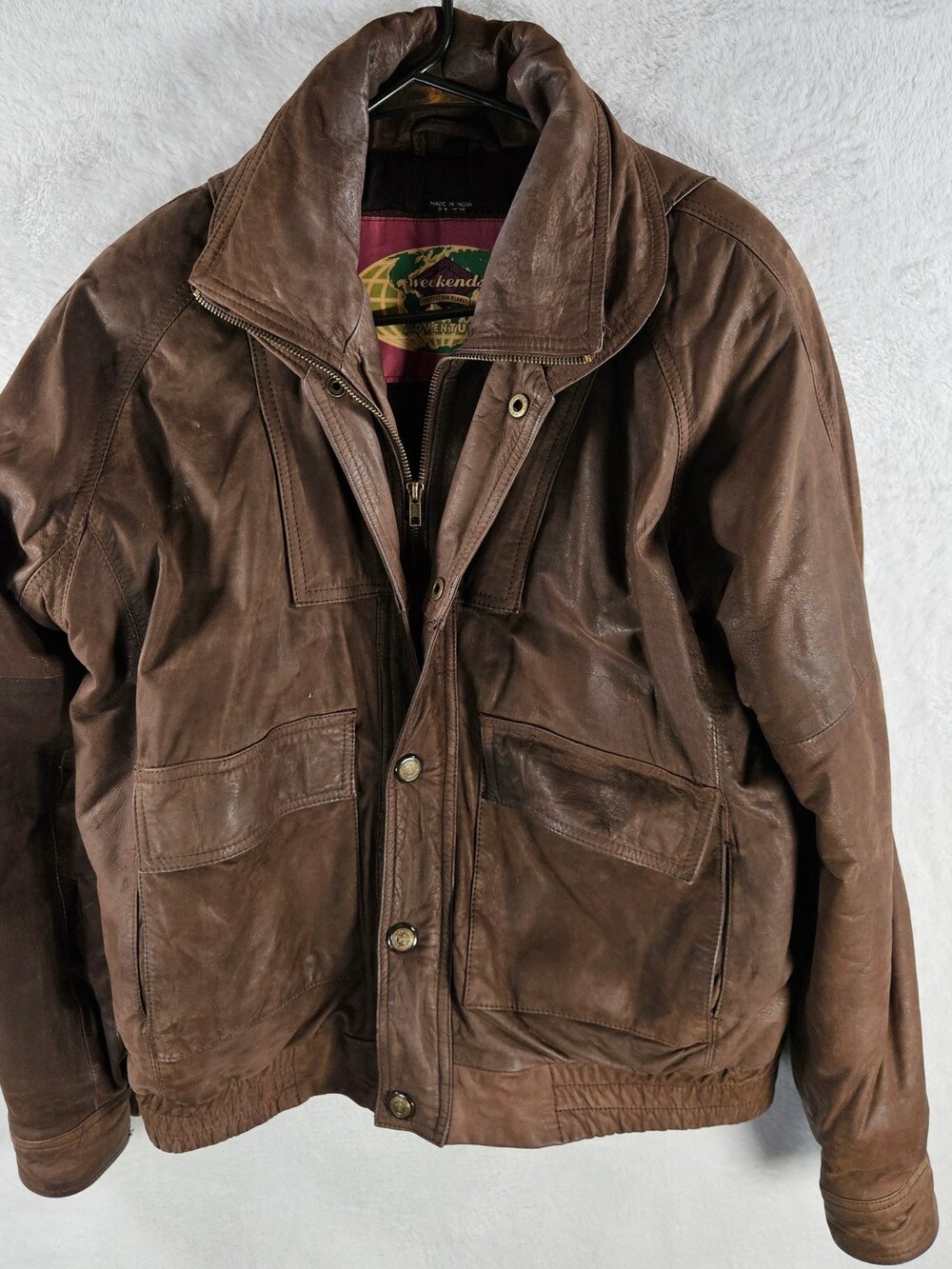 Weekends Adventure Genuine Leather Bomber Jacket Men's Brown Size Medium